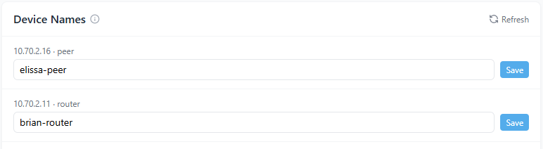 Screenshot showing the Device Names configuration panel